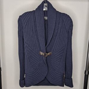 salvatore ferragamo • heavyweight navy wool cardigan with leather clasp
